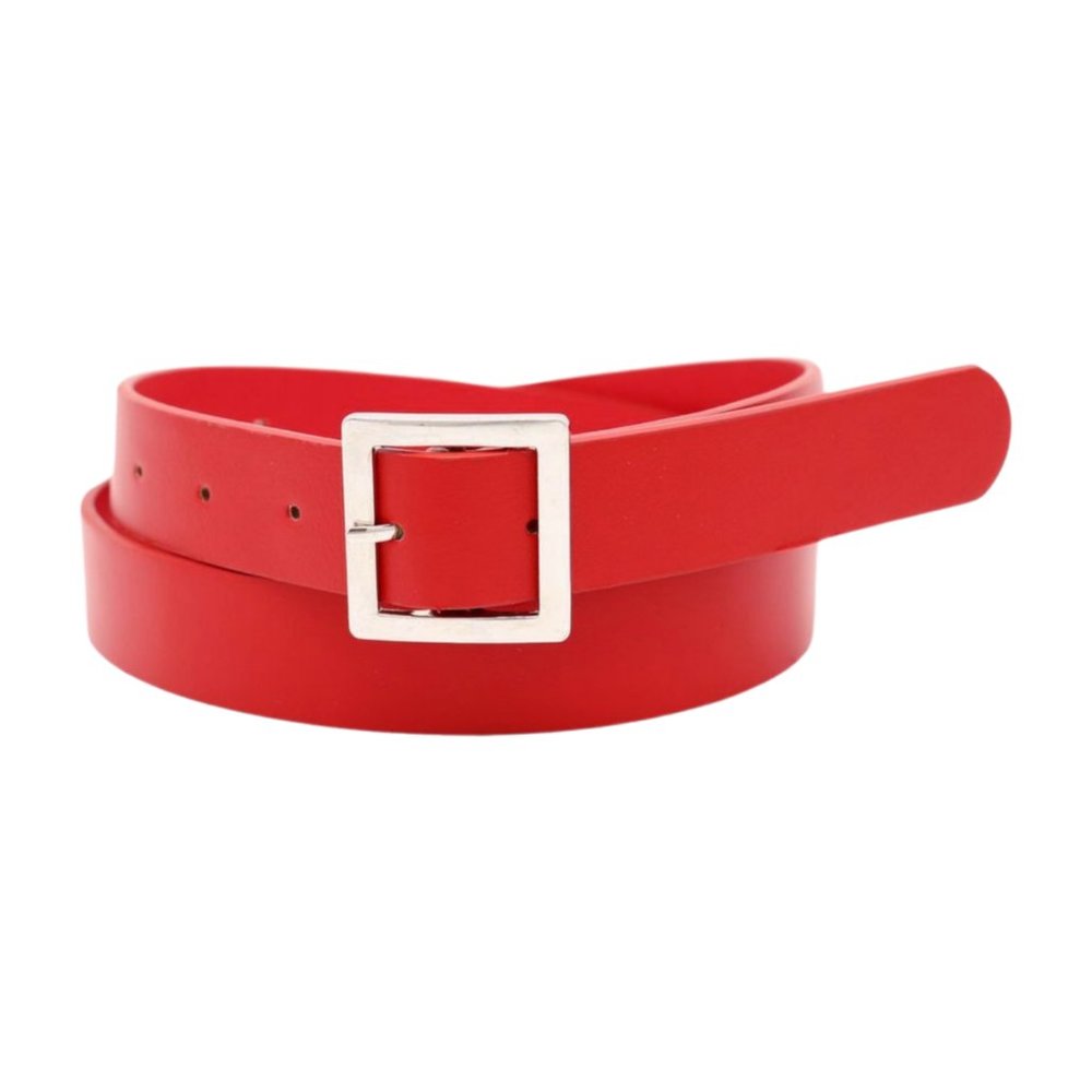 Women Red Faux Leather Skinny Band Fashion Belt Silver Square Metal Buckle S M